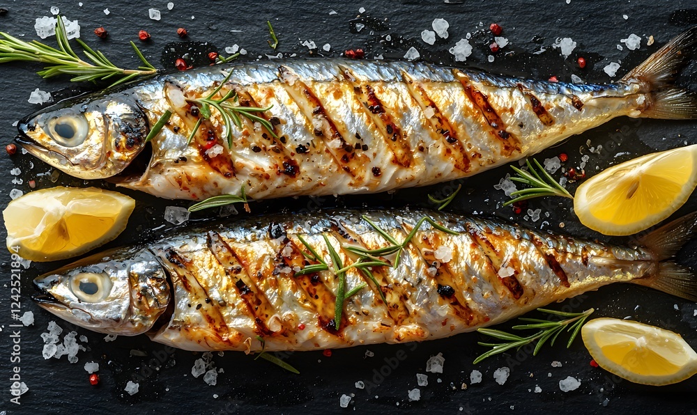 Mackerel fish with shiny silver skin, styled with fresh rosemary and lemon wedges, Generative AI Mackerel fish with shiny silver skin, styled with fresh rosemary and lemon wedges, Generative AI