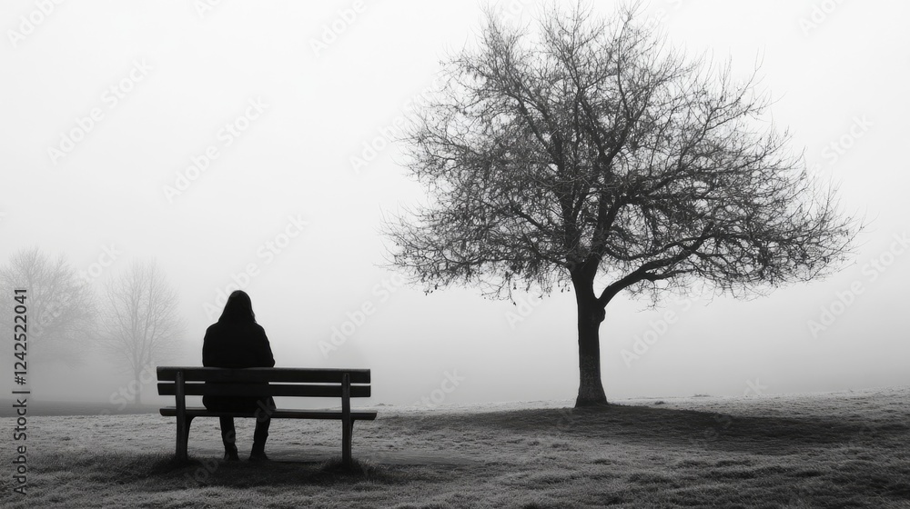 Solitary figure on bench in a misty park with bare tree branches, evoking themes of isolation and contemplation in monochrome tones. Solitary figure on bench in a misty park with bare tree branches, evoking themes of isolation and contemplation in monochrome tones.