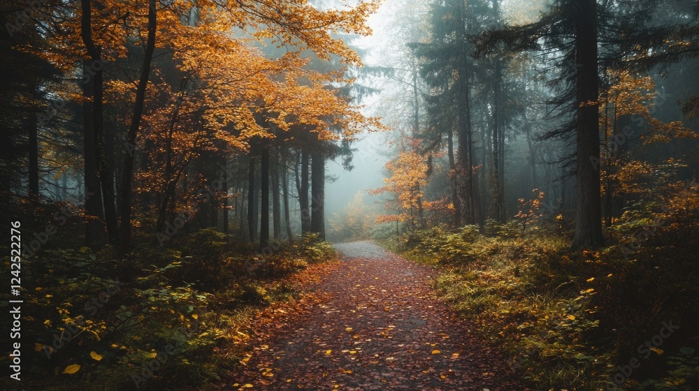 Obraz premium serene foggy forest pathway with vibrant autumn foliage in shades of orange and yellow surrounded by lush greenery and tall trees