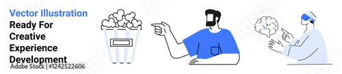 Person gesturing toward ideas with popcorn and VR innovations. Ideal for creativity, innovation, technology, VR, entertainment, brainstorming, education. Perfect for flat landing page banner