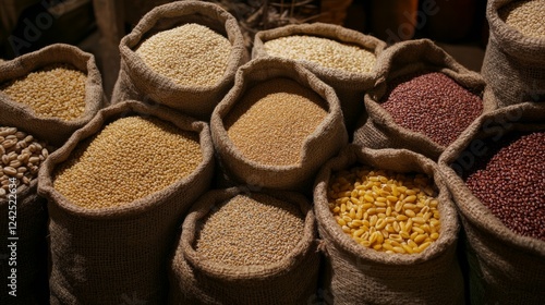 Assorted grains in a storage room with evening glow Freshly harvested bunch Healthy organic food and agriculture top view photo