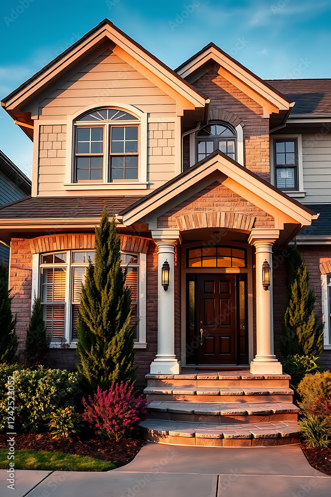 Obraz premium Luxury Home Exterior: Brick Facade, Modern Design, and Landscaped Garden. Beautiful Sunset View