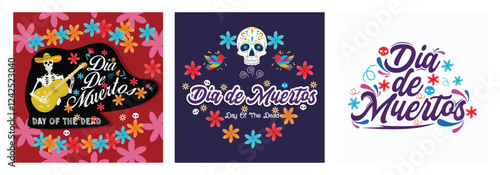 Colorful Día De Muertos illustrations with skulls and traditional decorations.