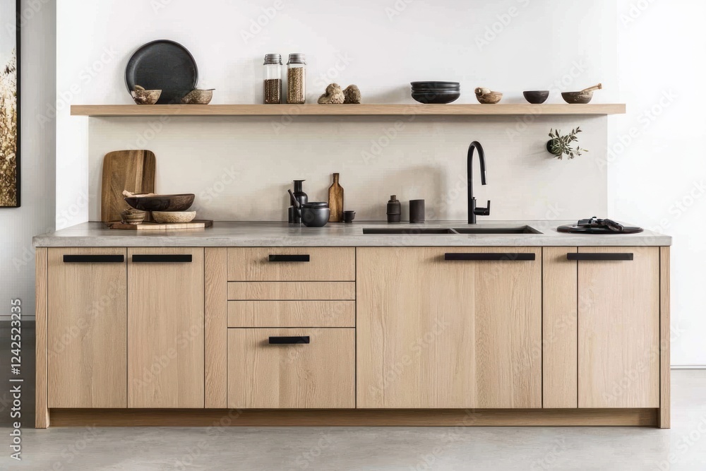 Modern kitchen design, light wood cabinets, concrete counter, minimalist decor, open shelving, interior design Modern kitchen design, light wood cabinets, concrete counter, minimalist decor, open shelving, interior design