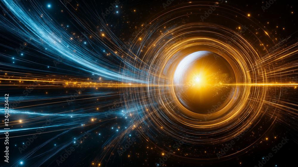 Cosmic Vortex: A mesmerizing abstract artwork depicting a vibrant cosmic vortex with swirling streaks of light in gold and teal, creating a sense of movement and energy. Cosmic Vortex: A mesmerizing abstract artwork depicting a vibrant cosmic vortex with swirling streaks of light in gold and teal, creating a sense of movement and energy.