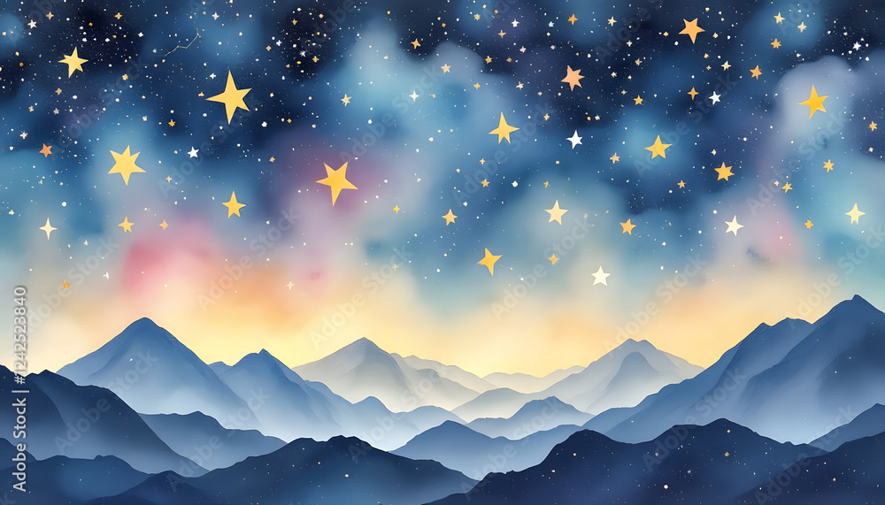 Obraz premium Starry Night Mountain Landscape Watercolor Painting