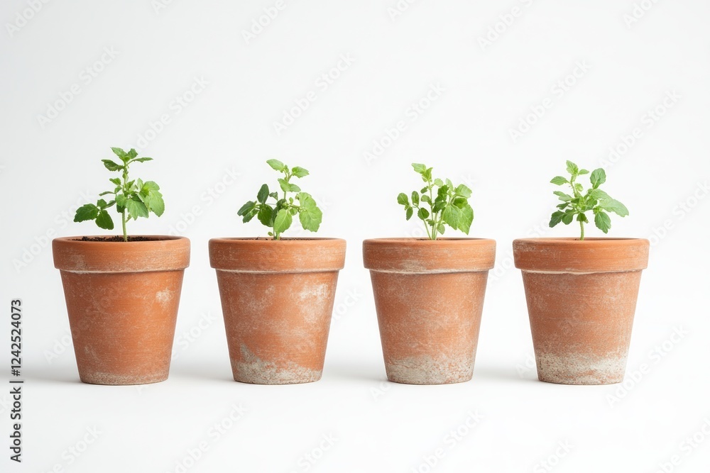 Four Terracotta Pots with Sprouting Plants: A Symbol of Growth and New Beginnings Four Terracotta Pots with Sprouting Plants: A Symbol of Growth and New Beginnings