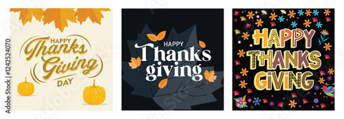 Festive Thanksgiving greetings with autumn leaves and seasonal decorations.