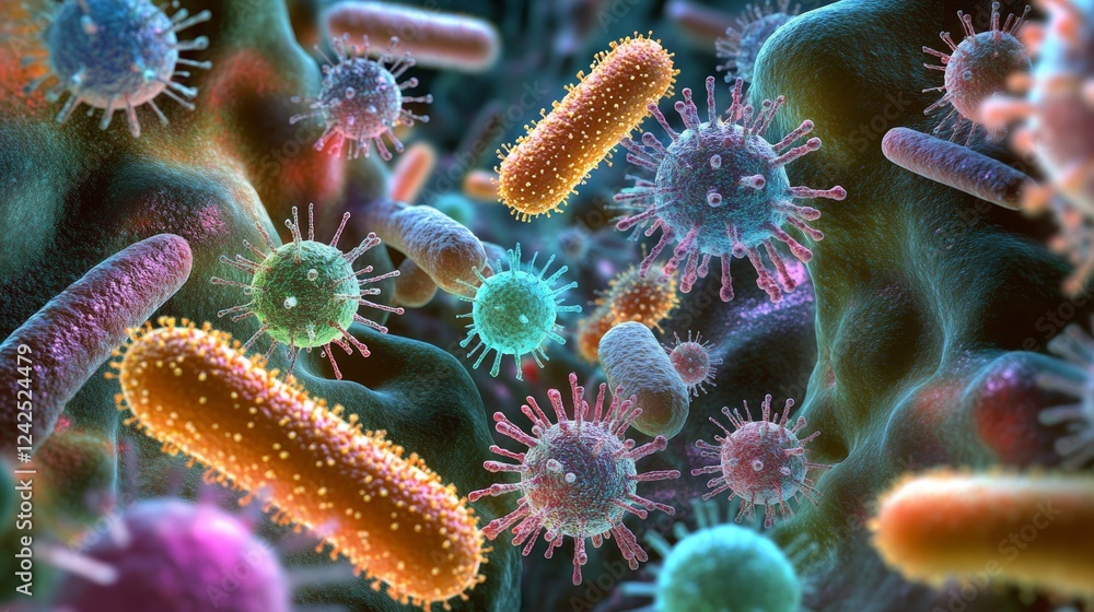 A group of microbes and viruses magnified under a microscope A group of microbes and viruses magnified under a microscope