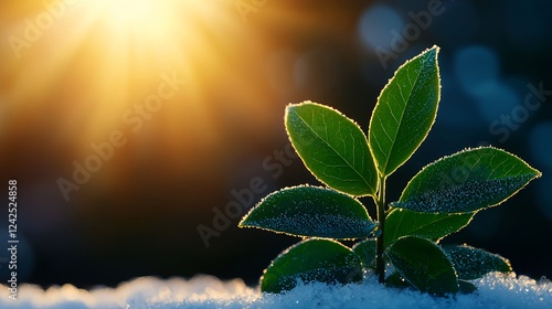 Green Plant Sprout Emerging from Winter Snow