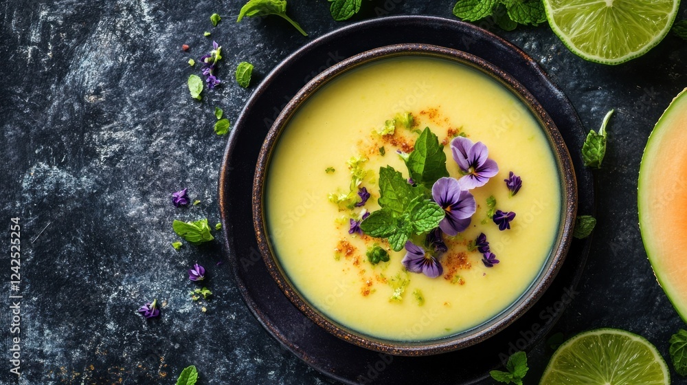 Delicious Creamy Mango Soup with Edible Flowers and Lime Delicious Creamy Mango Soup with Edible Flowers and Lime