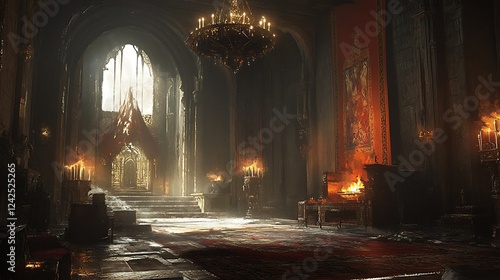 A dimly lit grand hall with a chandelier and a large tapestry on the wall.