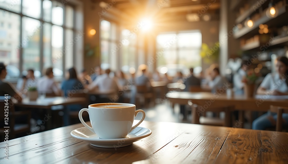 A single cup of coffee on a wooden table in a busy cafe with blurred background of people A single cup of coffee on a wooden table in a busy cafe with blurred background of people