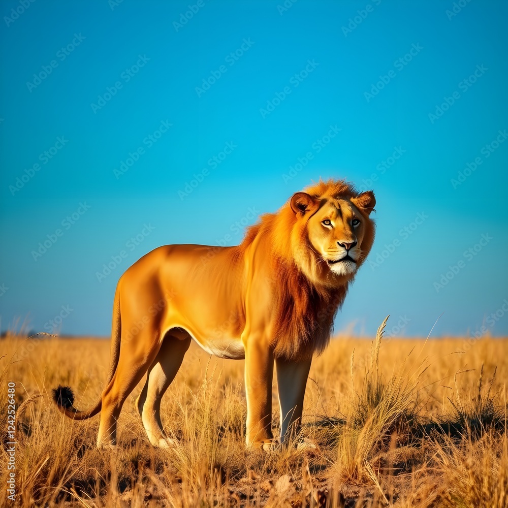 African male lion standing in the field. It is looking somewhere as if looking for prey. African male lion standing in the field. It is looking somewhere as if looking for prey.