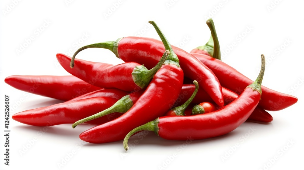 Red chili peppers pile, studio shot, white background, culinary ingredient, food recipe illustration Red chili peppers pile, studio shot, white background, culinary ingredient, food recipe illustration