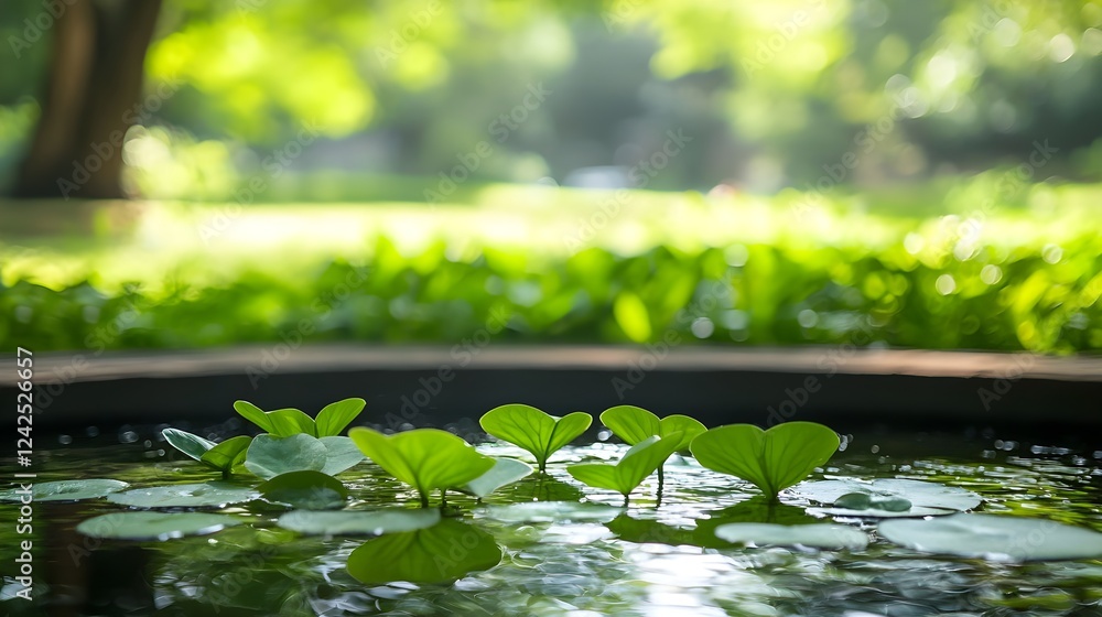 Green Plants Floating on a Pond in a Sunny Garden Green Plants Floating on a Pond in a Sunny Garden