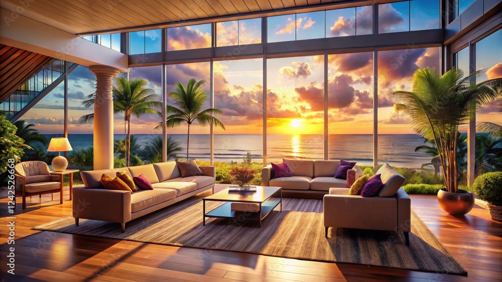 Fototapeta premium Luxury Beach House Living Room with Panoramic Ocean Views - Tranquil Summer Escape
