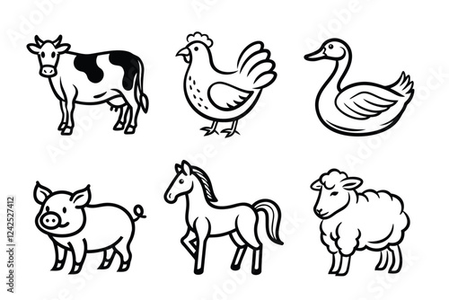 A set of hand-drawn farm animal icons, including a cow, chicken, duck, pig, horse, and sheep, in black outline style