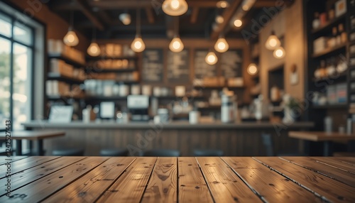 Wallpaper Mural Empty wooden table in a cozy cafe with warm lighting and blurred background, perfect for product placement or showcasing your menu. Torontodigital.ca