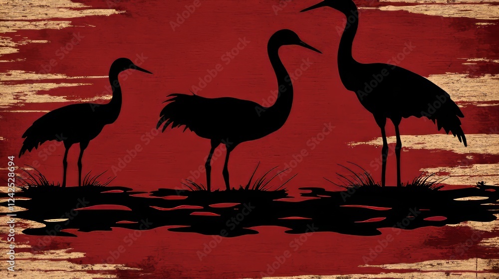 Fototapeta premium Red Landscape Silhouette of Three Elegant Cranes