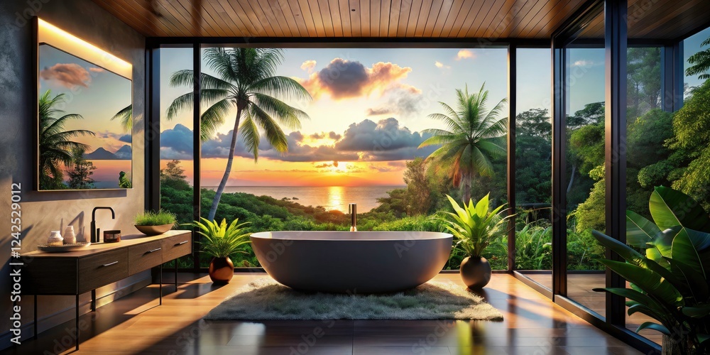 Fototapeta premium Modern Bathroom Silhouette with Freestanding Tub and Tropical View, Serene Oasis, Minimalist Design, Relaxing Retreat, Nature-Inspired Aesthetic, Spa-Like Atmosphere