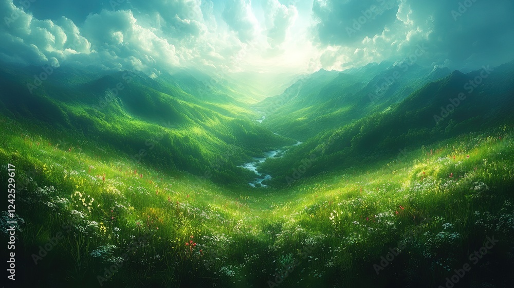 Fototapeta premium Sunlit Mountain Valley with Wildflowers and River