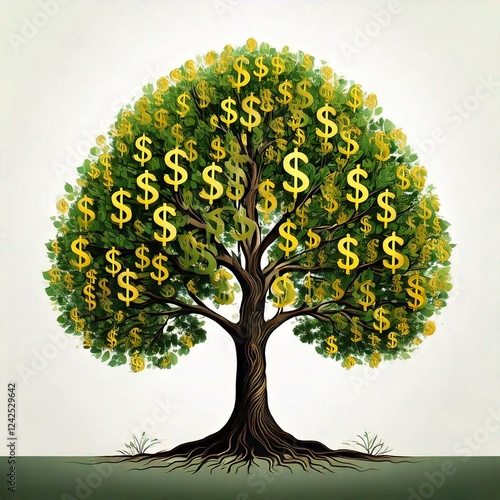 Generated Image by Firefly. Trees with dollar signs popping up all over the bushes, investment growth concept