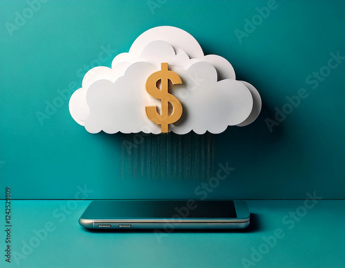 Generated Image, Dollar sign symbol with cloud, digital online marketing for businesses and social media marketing with cloud.