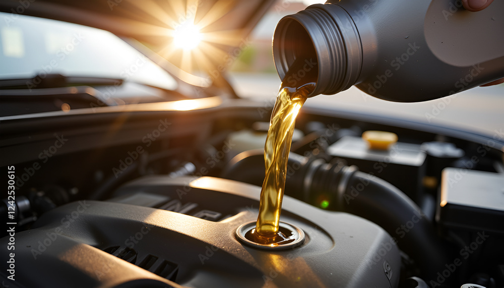 Fototapeta premium Car Maintenance, Pouring Motor Oil into Engine