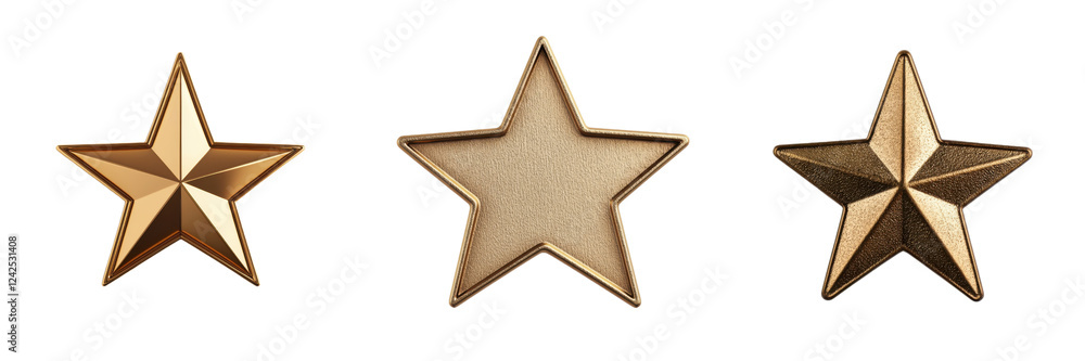 Three golden stars with varying designs, showcasing geometric shapes and facets. Three golden stars with varying designs, showcasing geometric shapes and facets.