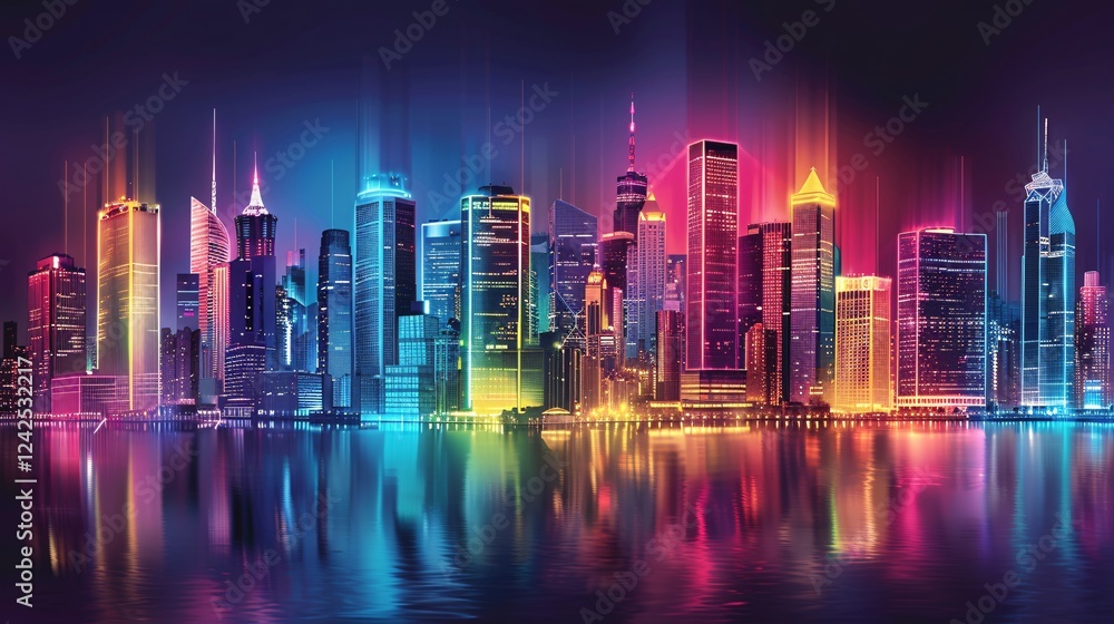 Fototapeta premium Neon-colored night cityscape with skyscrapers