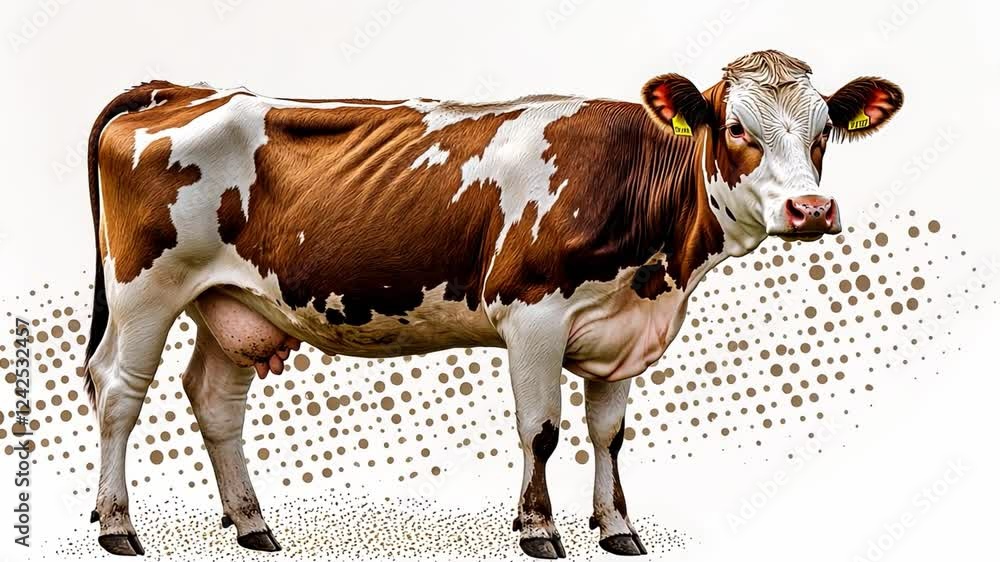 A high-resolution 4K UHD video of a brown and white spotted cow standing in profile against a clean white background. Ideal for use in agricultural, dairy industry, and farm-related content. A high-resolution 4K UHD video of a brown and white spotted cow standing in profile against a clean white background. Ideal for use in agricultural, dairy industry, and farm-related content.