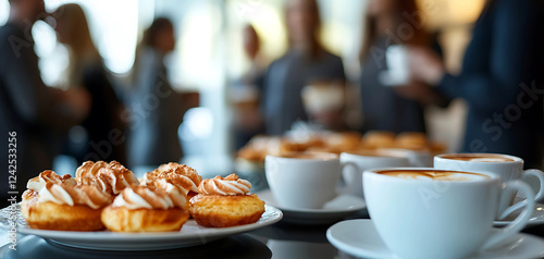 A networking coffee break at a corporate event, participants mingling with blurred focus on elegant pastries and coffee cups.