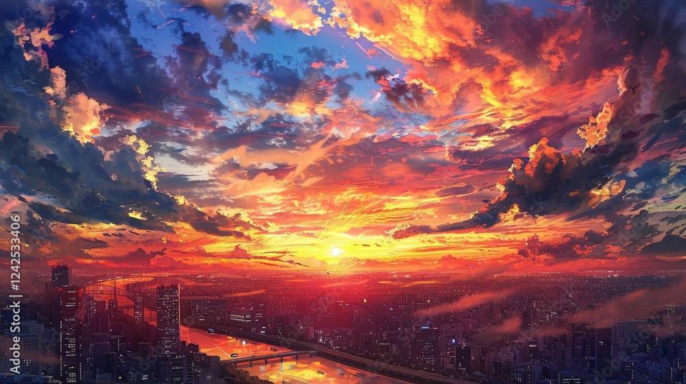 Obraz premium Vivid sunset with dramatic clouds over a city