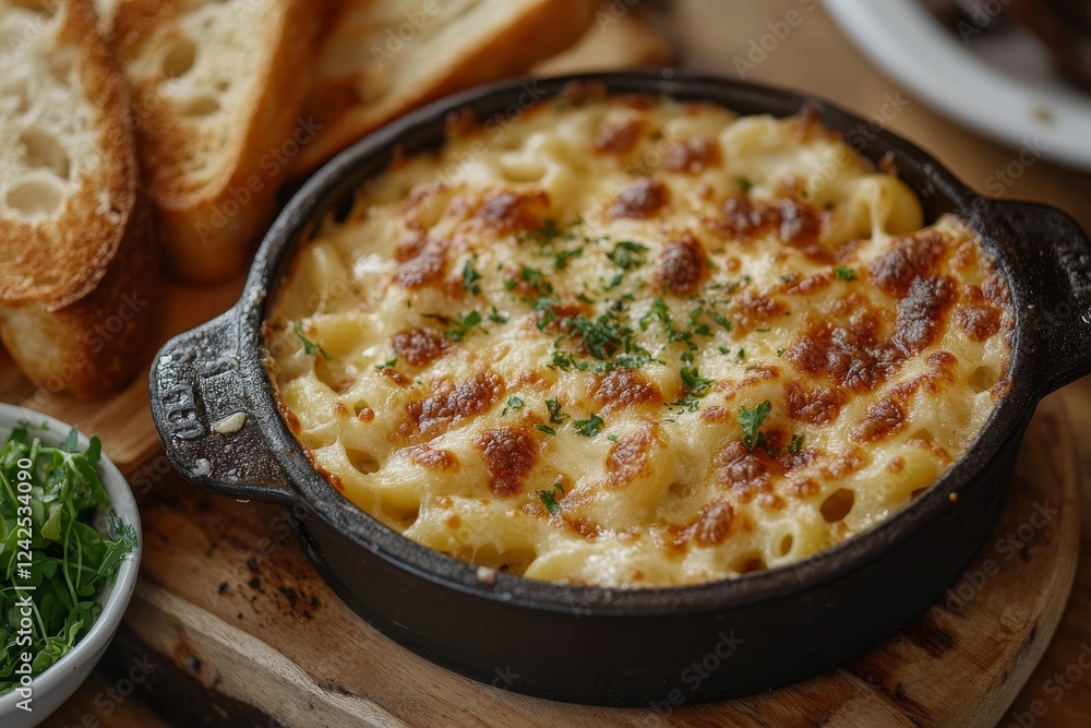 Creamy Mac & Cheese, restaurant, toasted bread Creamy Mac & Cheese, restaurant, toasted bread
