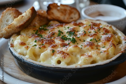 Creamy Mac & Cheese, toasted bread, restaurant photo