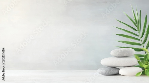 Spa Product Close up of spa creams and oils in glass containers, paired with natural elements like stones and greenery on a white background. photo