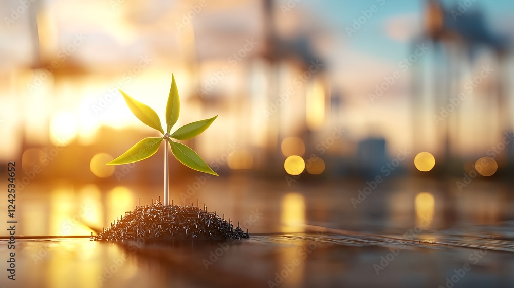 Fototapeta premium Green Sprout Growing at Sunrise with Industrial Background
