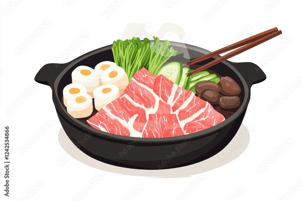 Sizzling beef, fish cakes, veggies in a hot pot. Perfect for illustrating recipes, food blogs, or Asian cuisine. Sizzling beef, fish cakes, veggies in a hot pot. Perfect for illustrating recipes, food blogs, or Asian cuisine.