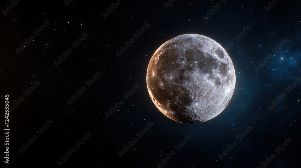 Full moon with craters in night sky with stars. Astronomy and space exploration concept Full moon with craters in night sky with stars. Astronomy and space exploration concept
