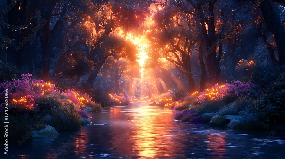 Magical sunset forest river, fantasy landscape, artwork Magical sunset forest river, fantasy landscape, artwork