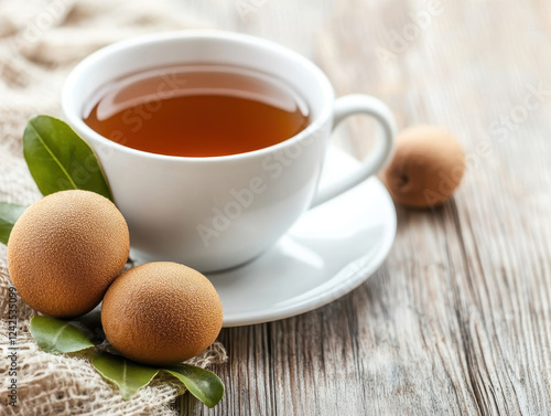 cup of herbal tea with fresh fruits and green leaves on wooden table. warm tones create cozy atmosphere, perfect for relaxation and enjoyment photo