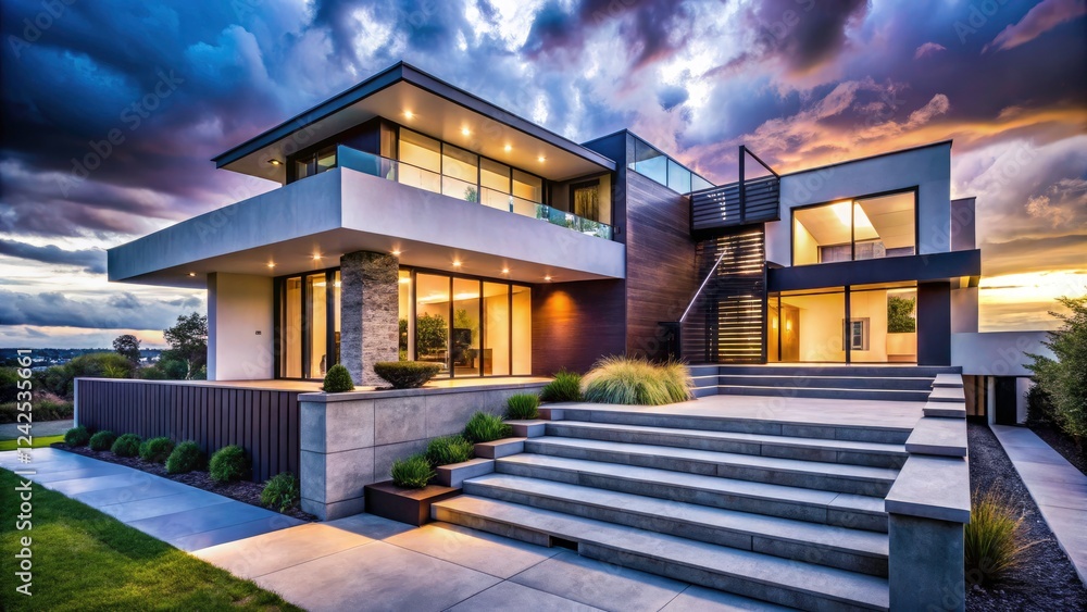 Obraz premium Stunning Architectural Photography of House Steps at Dusk, Cloudy Evening, Modern Design, Urban Landscape, Atmospheric Mood, Dramatic Lighting, Exterior Details, Home Architecture, and More