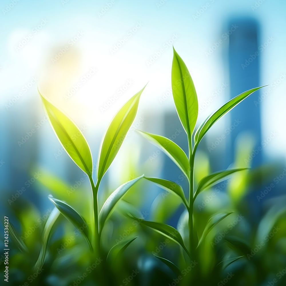 Fototapeta premium Green Sprouts Growing Against City Skyline