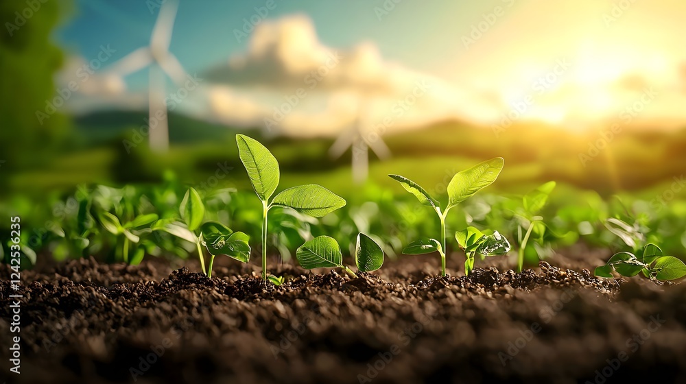 Green Sprouts Growing in Soil with Windmills in Background Green Sprouts Growing in Soil with Windmills in Background
