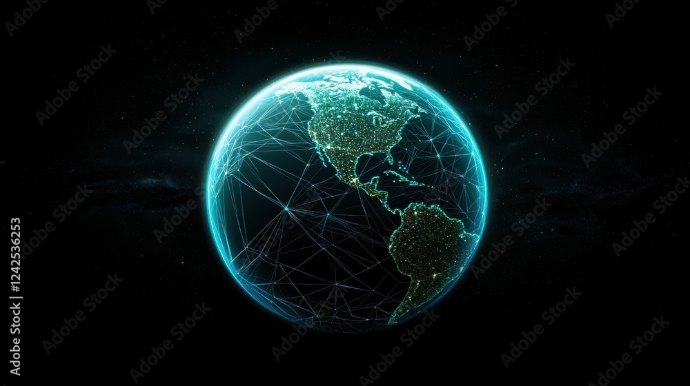 Obraz premium Globe Global Connectivity and Networking Abstract visual of the Earth with interconnected lines, emphasizing the digital connections that span across continents and countries.