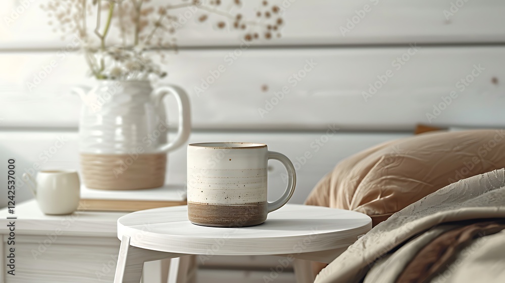 White cup of coffee on bedside table in the morning White cup of coffee on bedside table in the morning