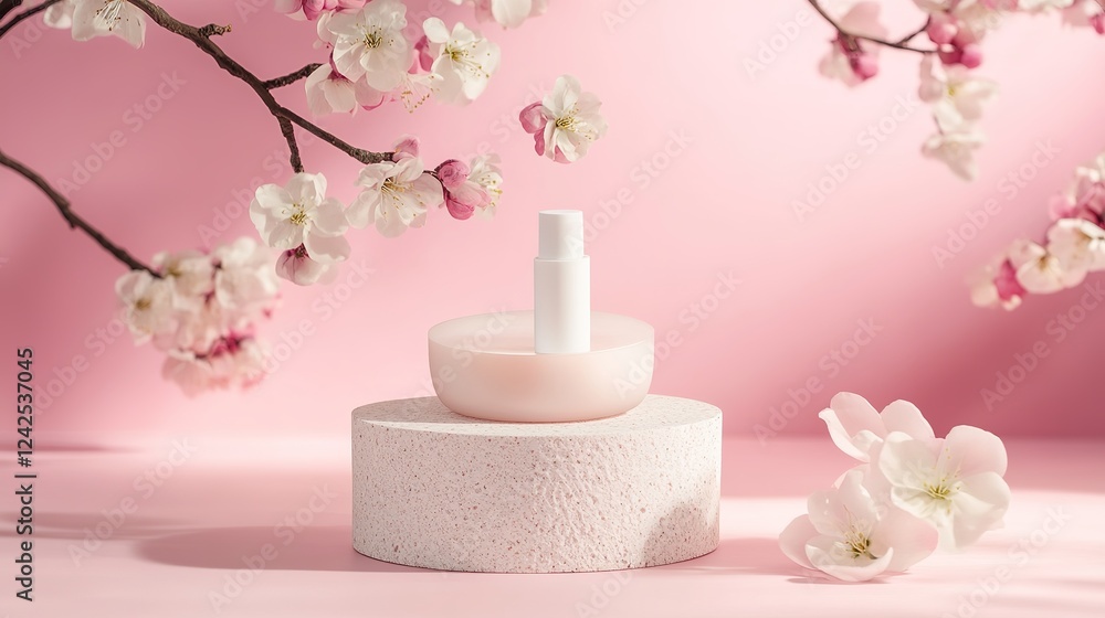 Minimalist Modern Beauty Product Display on Pink Background with Stone Podium and Flowers for Promotion and Advertising Minimalist Modern Beauty Product Display on Pink Background with Stone Podium and Flowers for Promotion and Advertising