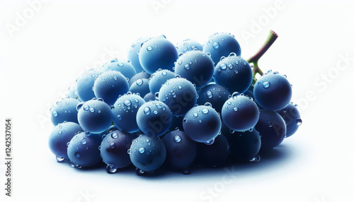 Close-up of fresh blue grapes with water drops on white background. Realistic fruit.