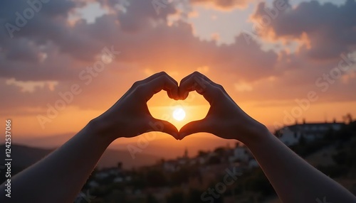 Hand with heart shape in sunset background
